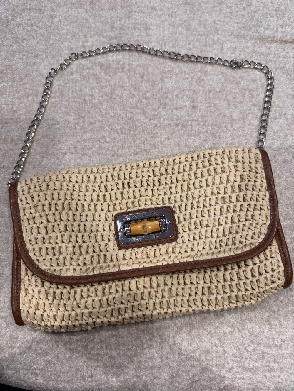 Straw Studios Beige Woven Clutch with Brown Trim & Silver Chain